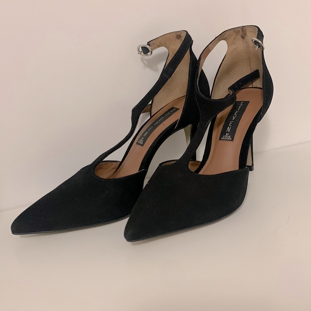 Steven By Steve Madden Black Suede Point Toe Pumps with Ankle Strap